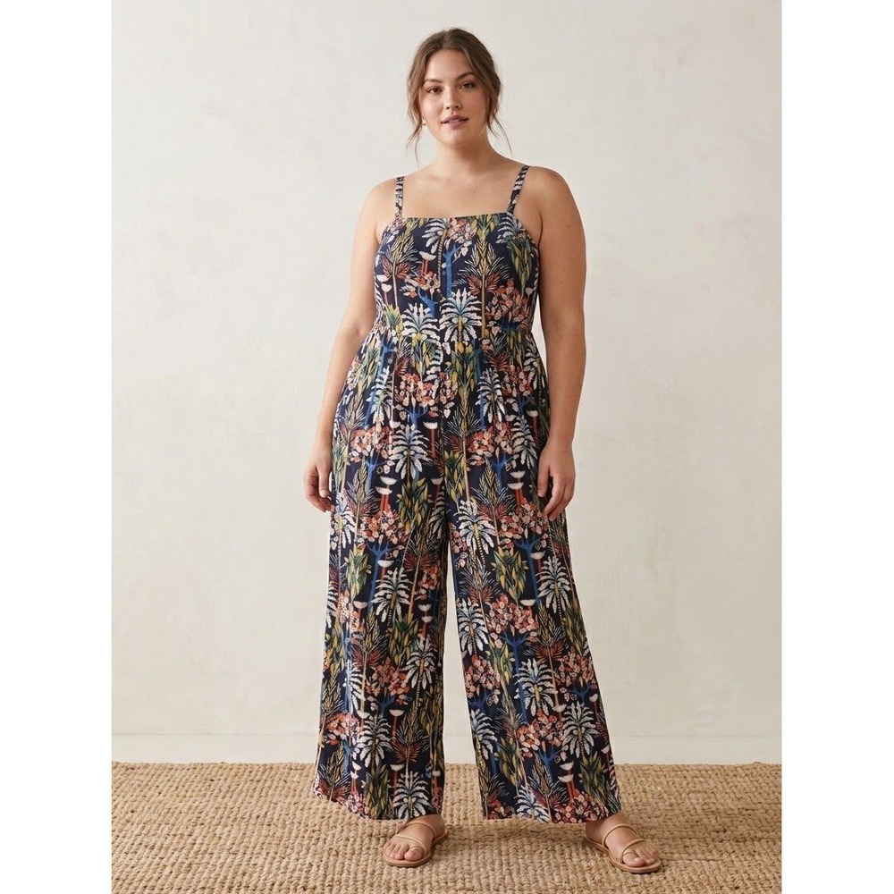 Anthropologie Maeve Tropical Palm Print Wide Leg Jumpsuit Navy Blue Floral XL